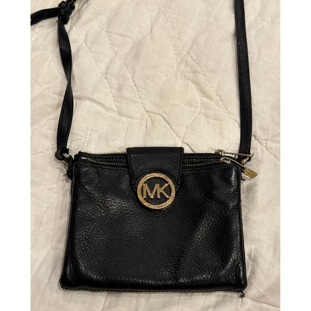 Michael Kors Fulton Crossbody Bag Black Pebbled Leather Gold MK Logo Small Purse
